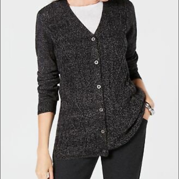 Karen Scott Long-Sleeve V-Neck Cardigan - Black Ash Marl - Large - Picture 2 of 4
